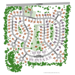 Planned residential community map with houses, roads, green spaces, and labeled area for future development.